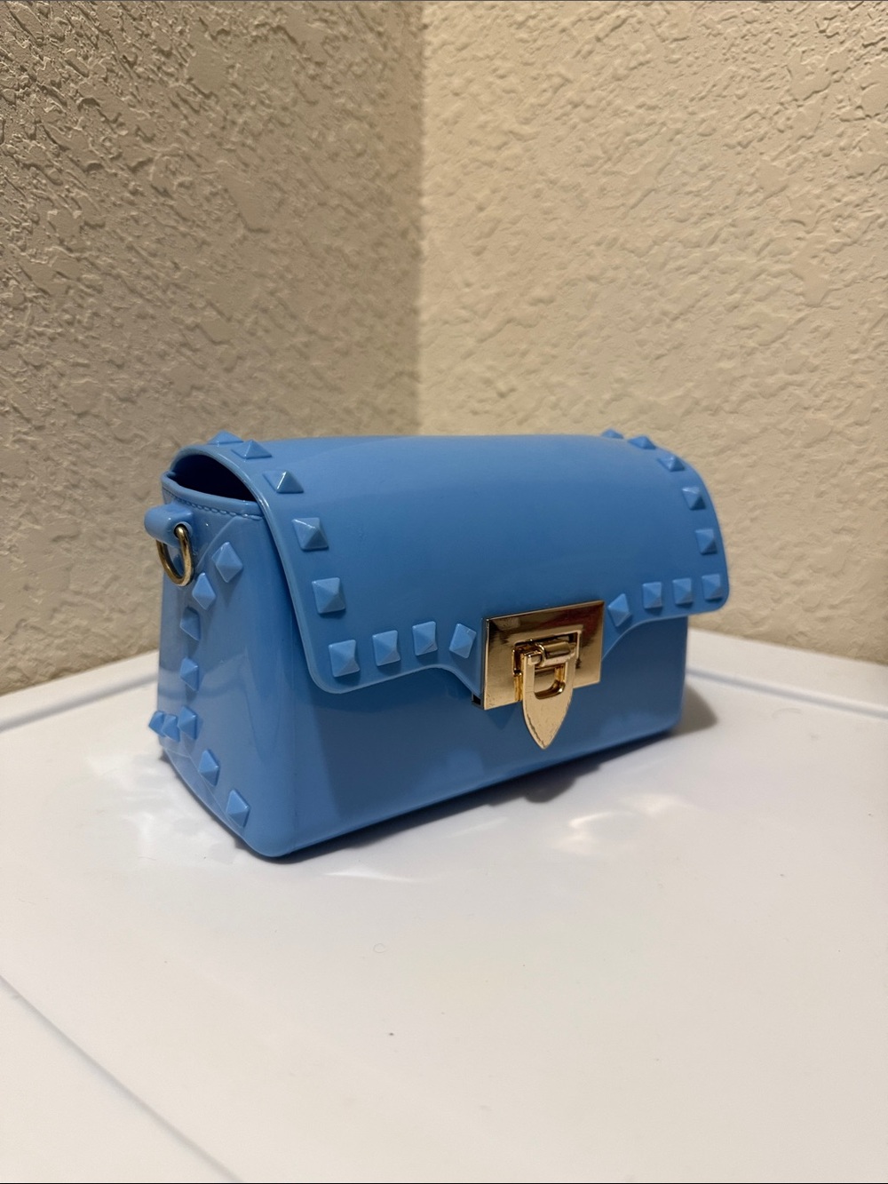 Light Blue Studded Crossbody Clutch with Gold Hardware